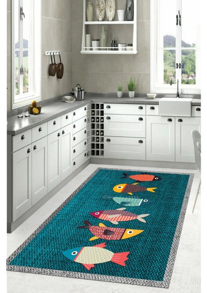 Dijital Baskılı Balık Figürlü Yıkanabilir Kaymaz Yolluk Salon Mutfak Halısı, Mutfak-51-Turkuaz, fiyatları