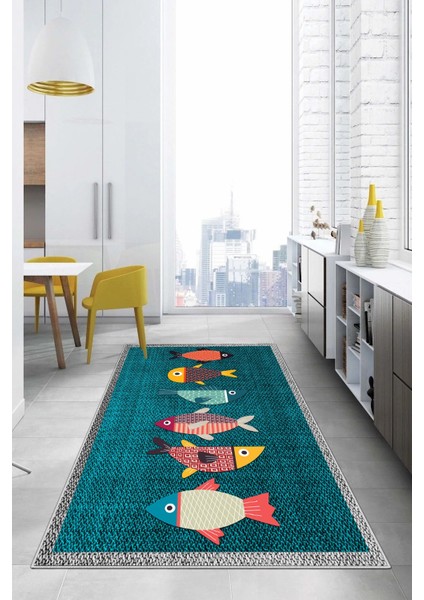 Dijital Baskılı Balık Figürlü Yıkanabilir Kaymaz Yolluk Salon Mutfak Halısı, Mutfak-51-Turkuaz, modelleri