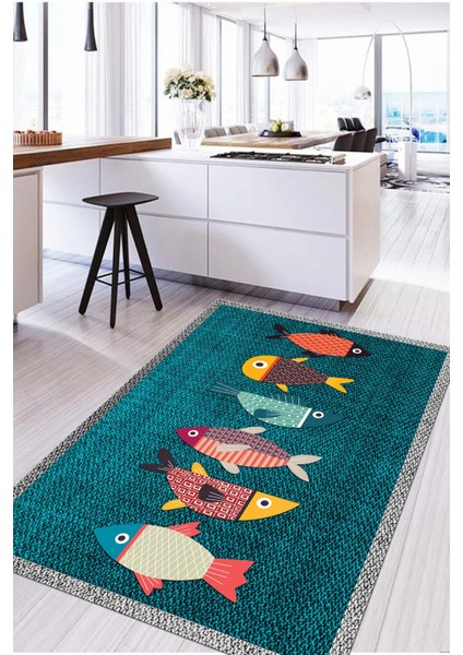 Dijital Baskılı Balık Figürlü Yıkanabilir Kaymaz Yolluk Salon Mutfak Halısı, Mutfak-51-Turkuaz, fırsatları