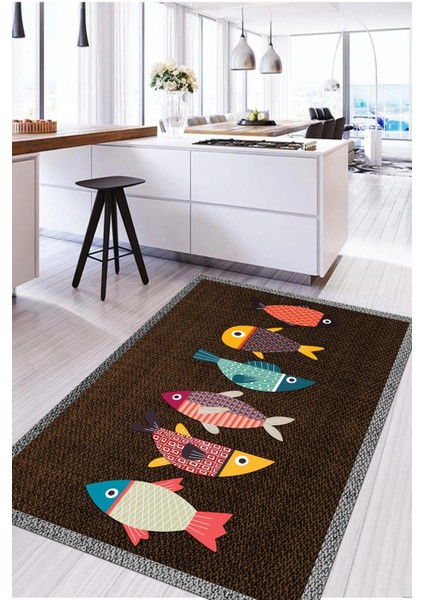 Dijital Baskılı Balık Figürlü Yıkanabilir Kaymaz Yolluk Salon Mutfak Halısı, Mutfak-51-Kahve, fırsatları