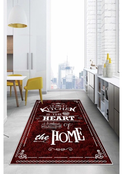 Baskılı Kıtchen Yazı Desenli Yıkanabilir Kaymaz Yolluk Salon Mutfak Halısı, Mutfak-52-Bordo, modelleri