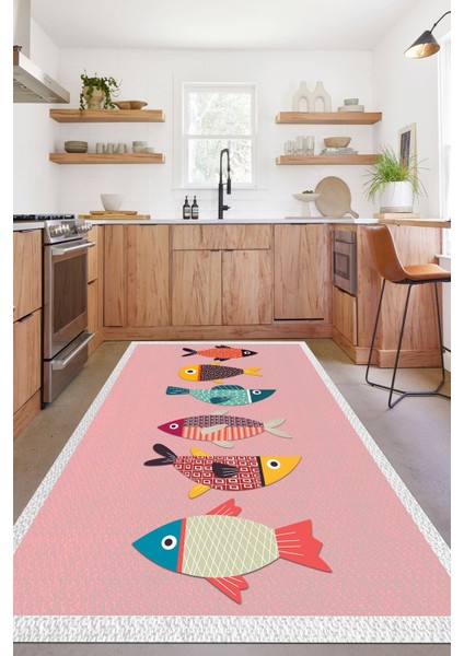 Dijital Baskılı Balık Figürlü Yıkanabilir Kaymaz Yolluk Salon Mutfak Halısı, Mutfak-51-Pembe,
