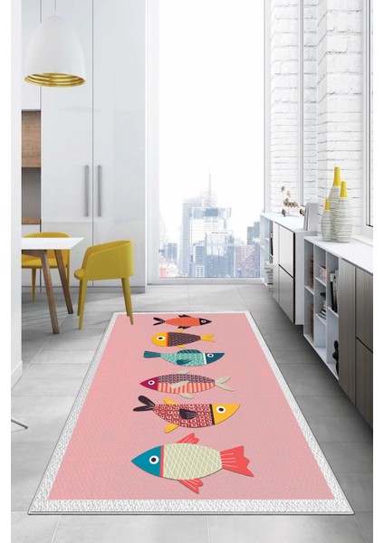 Dijital Baskılı Balık Figürlü Yıkanabilir Kaymaz Yolluk Salon Mutfak Halısı, Mutfak-51-Pembe, modelleri