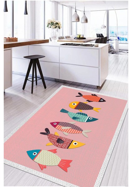 Dijital Baskılı Balık Figürlü Yıkanabilir Kaymaz Yolluk Salon Mutfak Halısı, Mutfak-51-Pembe, fırsatları