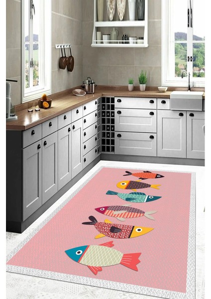 Dijital Baskılı Balık Figürlü Yıkanabilir Kaymaz Yolluk Salon Mutfak Halısı, Mutfak-51-Pembe, indirimleri