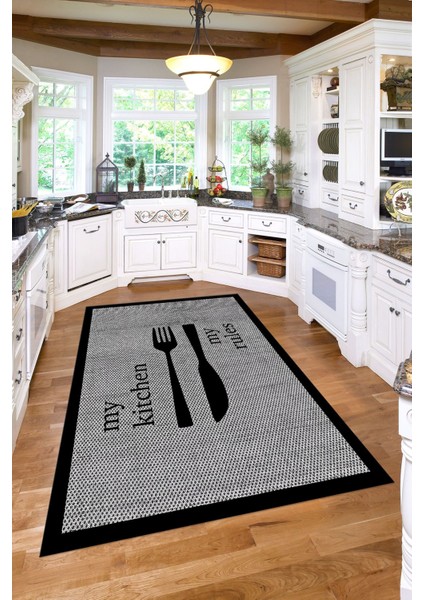 Dijital Baskılı Çatal Bıçak Motifli Yıkanabilir Kaymaz Yolluk Salon Mutfak Halısı, Mutfak-69-Siyah, modelleri