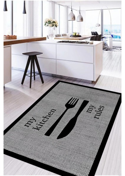 Dijital Baskılı Çatal Bıçak Motifli Yıkanabilir Kaymaz Yolluk Salon Mutfak Halısı, Mutfak-69-Siyah,