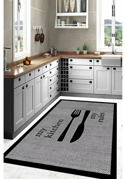 Dijital Baskılı Çatal Bıçak Motifli Yıkanabilir Kaymaz Yolluk Salon Mutfak Halısı, Mutfak-69-Siyah, fiyatları