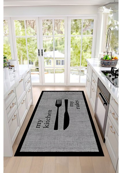 Dijital Baskılı Çatal Bıçak Motifli Yıkanabilir Kaymaz Yolluk Salon Mutfak Halısı, Mutfak-69-Siyah, indirimleri