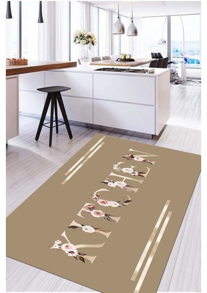Baskılı Çiçek Motifli Kitchen Yazılı Yıkanabilir Kaymaz Yolluk Salon Mutfak Halısı, Mutfak-70-Bej,