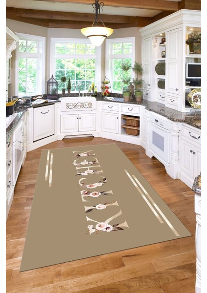 Baskılı Çiçek Motifli Kitchen Yazılı Yıkanabilir Kaymaz Yolluk Salon Mutfak Halısı, Mutfak-70-Bej, modelleri