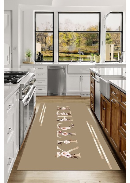 Baskılı Çiçek Motifli Kitchen Yazılı Yıkanabilir Kaymaz Yolluk Salon Mutfak Halısı, Mutfak-70-Bej, fırsatları