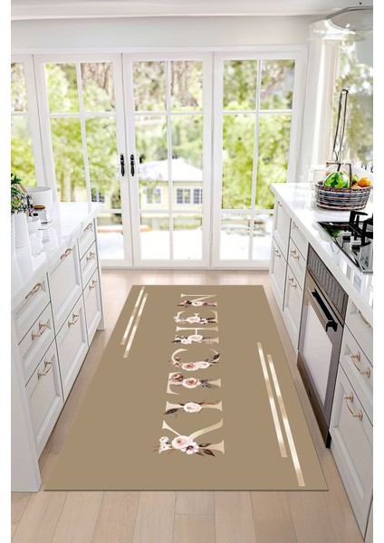Baskılı Çiçek Motifli Kitchen Yazılı Yıkanabilir Kaymaz Yolluk Salon Mutfak Halısı, Mutfak-70-Bej, indirimleri