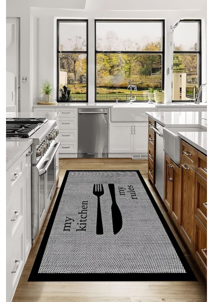 Dijital Baskılı Çatal Bıçak Motifli Yıkanabilir Kaymaz Yolluk Salon Mutfak Halısı, Mutfak-69-Siyah, fırsatları