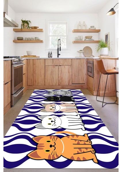 Dijital Baskılı Kedi Figürlü Yıkanabilir Kaymaz Yolluk Salon Mutfak Halısı, Mutfak-53-Mavi,