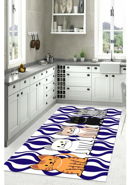 Dijital Baskılı Kedi Figürlü Yıkanabilir Kaymaz Yolluk Salon Mutfak Halısı, Mutfak-53-Mavi, fiyatları