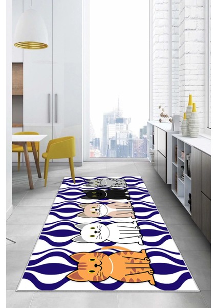 Dijital Baskılı Kedi Figürlü Yıkanabilir Kaymaz Yolluk Salon Mutfak Halısı, Mutfak-53-Mavi, modelleri