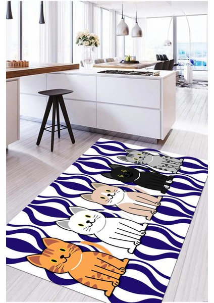 Dijital Baskılı Kedi Figürlü Yıkanabilir Kaymaz Yolluk Salon Mutfak Halısı, Mutfak-53-Mavi, fırsatları