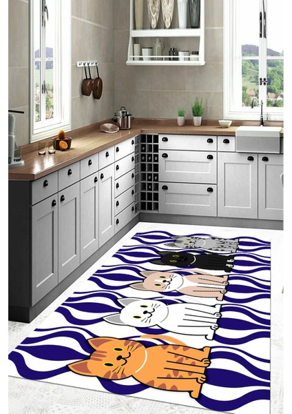 Dijital Baskılı Kedi Figürlü Yıkanabilir Kaymaz Yolluk Salon Mutfak Halısı, Mutfak-53-Mavi, indirimleri