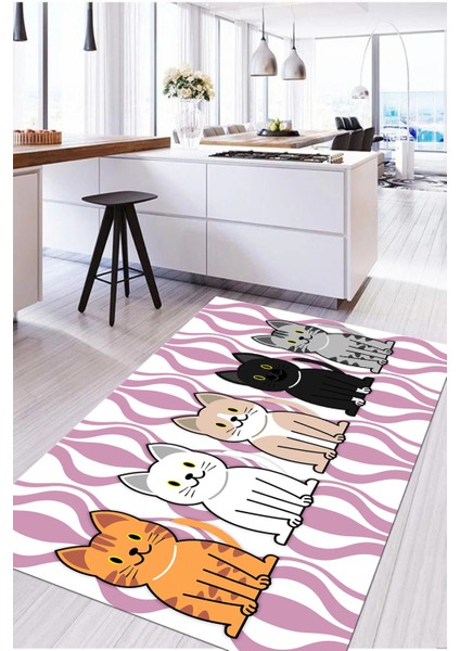 Dijital Baskılı Kedi Figürlü Yıkanabilir Kaymaz Yolluk Salon Mutfak Halısı, Mutfak-53-Pembe, fırsatları