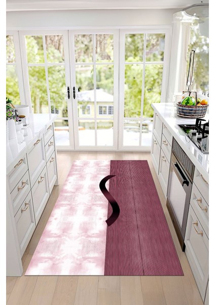 Dijital Baskılı Sade Desen Yıkanabilir Kaymaz Yolluk Salon Mutfak Halısı, Mutfak-96-Pembe,