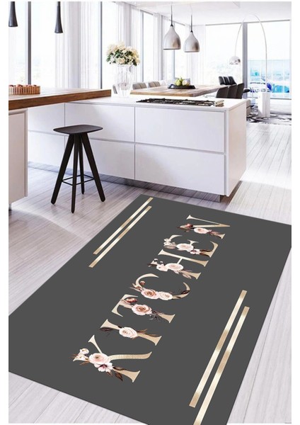 Baskılı Çiçek Motifli Kitchen Yazılı Yıkanabilir Kaymaz Yolluk Salon Mutfak Halısı, Mutfak-70-Gri,