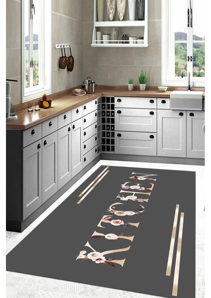 Baskılı Çiçek Motifli Kitchen Yazılı Yıkanabilir Kaymaz Yolluk Salon Mutfak Halısı, Mutfak-70-Gri, fiyatları