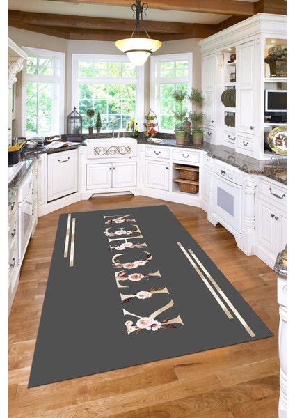 Baskılı Çiçek Motifli Kitchen Yazılı Yıkanabilir Kaymaz Yolluk Salon Mutfak Halısı, Mutfak-70-Gri, modelleri