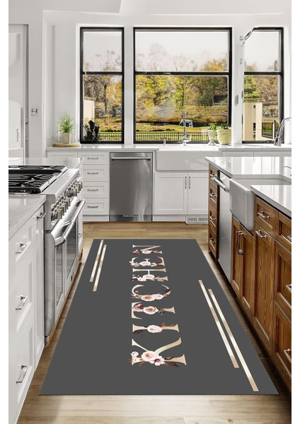 Baskılı Çiçek Motifli Kitchen Yazılı Yıkanabilir Kaymaz Yolluk Salon Mutfak Halısı, Mutfak-70-Gri, fırsatları
