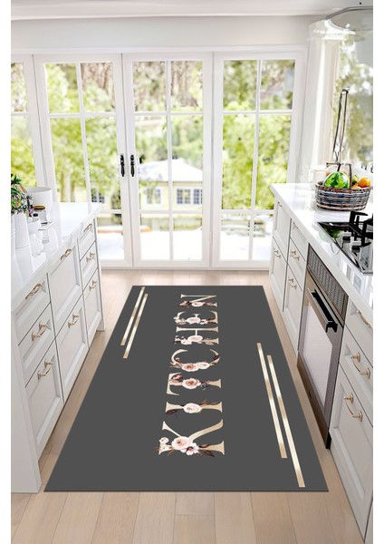 Baskılı Çiçek Motifli Kitchen Yazılı Yıkanabilir Kaymaz Yolluk Salon Mutfak Halısı, Mutfak-70-Gri, indirimleri