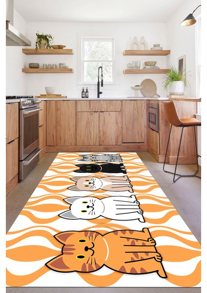 Dijital Baskılı Kedi Figürlü Yıkanabilir Kaymaz Yolluk Salon Mutfak Halısı, Mutfak-53-Turuncu,