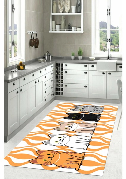 Dijital Baskılı Kedi Figürlü Yıkanabilir Kaymaz Yolluk Salon Mutfak Halısı, Mutfak-53-Turuncu, fiyatları