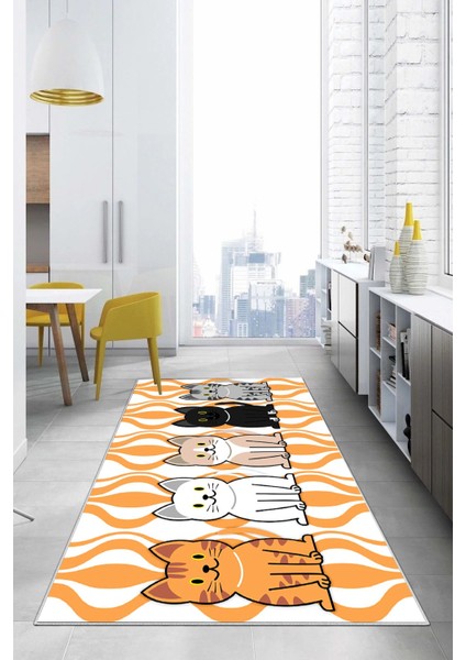 Dijital Baskılı Kedi Figürlü Yıkanabilir Kaymaz Yolluk Salon Mutfak Halısı, Mutfak-53-Turuncu, modelleri