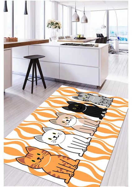 Dijital Baskılı Kedi Figürlü Yıkanabilir Kaymaz Yolluk Salon Mutfak Halısı, Mutfak-53-Turuncu, fırsatları