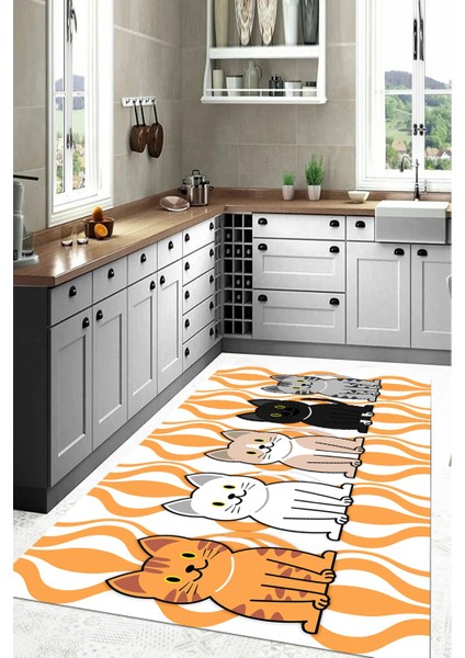 Dijital Baskılı Kedi Figürlü Yıkanabilir Kaymaz Yolluk Salon Mutfak Halısı, Mutfak-53-Turuncu, indirimleri