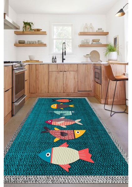 Dijital Baskılı Balık Figürlü Yıkanabilir Kaymaz Yolluk Salon Mutfak Halısı, Mutfak-51-Turkuaz,