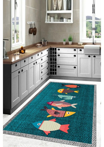 Dijital Baskılı Balık Figürlü Yıkanabilir Kaymaz Yolluk Salon Mutfak Halısı, Mutfak-51-Turkuaz, indirimleri