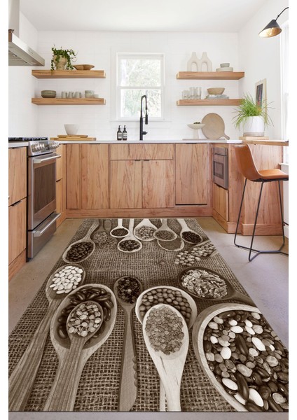 Dijital Baskılı Baklagil Desenli Yıkanabilir Kaymaz Yolluk Salon Mutfak Halısı, Mutfak-56-Kahve,