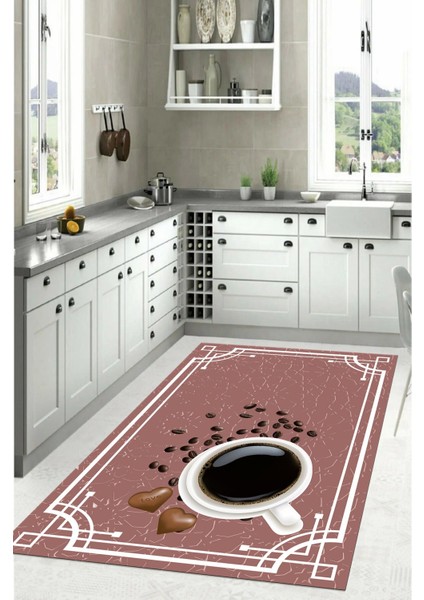 Baskılı Kahve Çekirdeği Desenli Yıkanabilir Kaymaz Yolluk Salon Mutfak Halısı, Mutfak-61-Pembe,