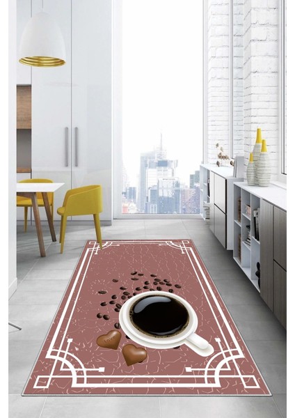 Baskılı Kahve Çekirdeği Desenli Yıkanabilir Kaymaz Yolluk Salon Mutfak Halısı, Mutfak-61-Pembe, fiyatları