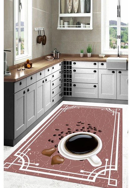 Baskılı Kahve Çekirdeği Desenli Yıkanabilir Kaymaz Yolluk Salon Mutfak Halısı, Mutfak-61-Pembe, fırsatları