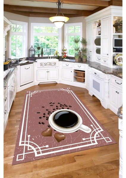 Baskılı Kahve Çekirdeği Desenli Yıkanabilir Kaymaz Yolluk Salon Mutfak Halısı, Mutfak-61-Pembe, indirimleri