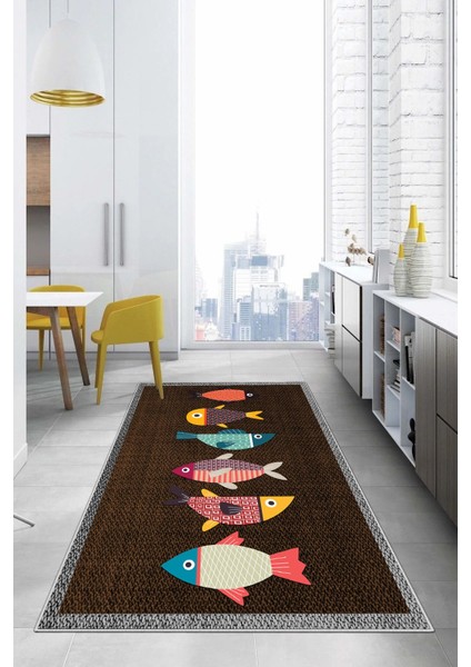 Dijital Baskılı Balık Figürlü Yıkanabilir Kaymaz Yolluk Salon Mutfak Halısı, Mutfak-51-Kahve, modelleri