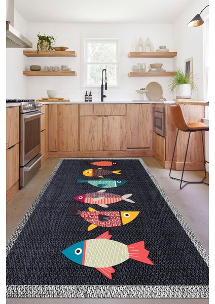Dijital Baskılı Balık Figürlü Yıkanabilir Kaymaz Yolluk Salon Mutfak Halısı, Mutfak-51-Lacivert,