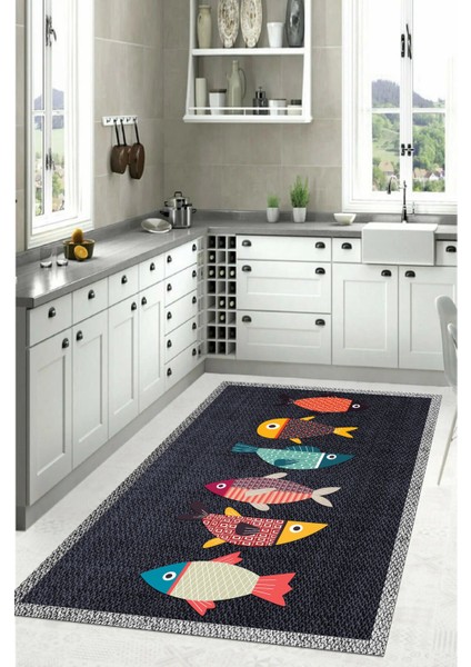 Dijital Baskılı Balık Figürlü Yıkanabilir Kaymaz Yolluk Salon Mutfak Halısı, Mutfak-51-Lacivert, fiyatları