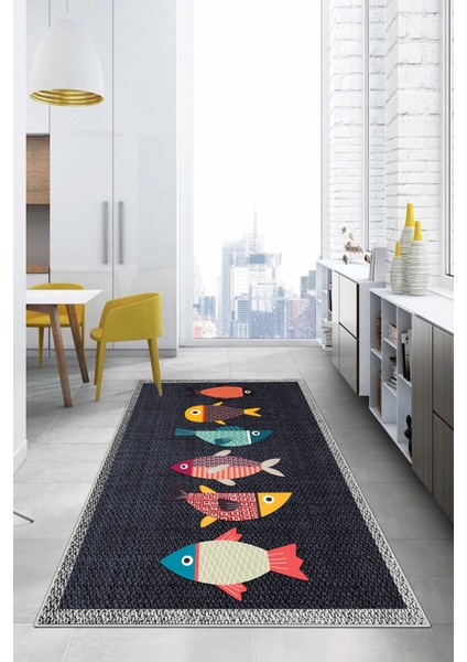 Dijital Baskılı Balık Figürlü Yıkanabilir Kaymaz Yolluk Salon Mutfak Halısı, Mutfak-51-Lacivert, modelleri