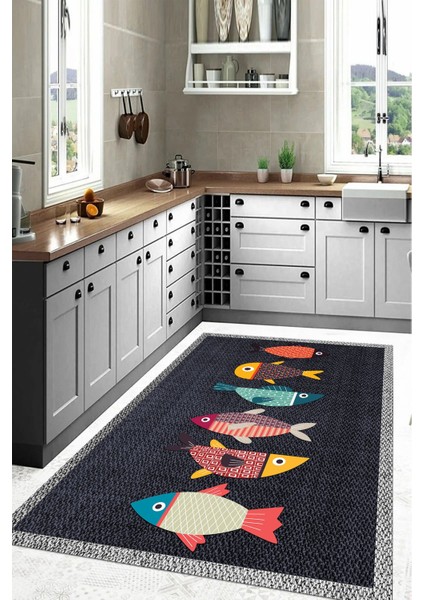 Dijital Baskılı Balık Figürlü Yıkanabilir Kaymaz Yolluk Salon Mutfak Halısı, Mutfak-51-Lacivert, indirimleri