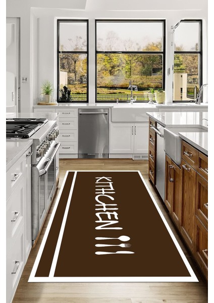 Baskılı Sade Modern Kitchen Yazılı Yıkanabilir Kaymaz Yolluk Salon Mutfak Halısı, Mutfak-91-Kahve,