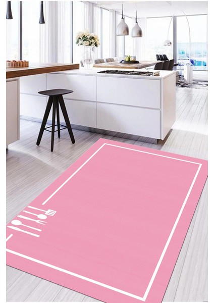 Baskılı Sade Düz Renk Desenli Yıkanabilir Kaymaz Yolluk Salon Mutfak Halısı, Mutfak-74-Pembe,