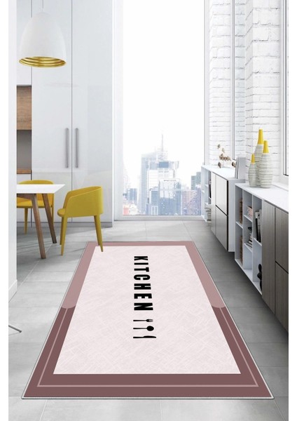 Baskılı Sade Kitchen Yazı Desenli Yıkanabilir Kaymaz Yolluk Salon Mutfak Halısı, Mutfak-65-Pembe,